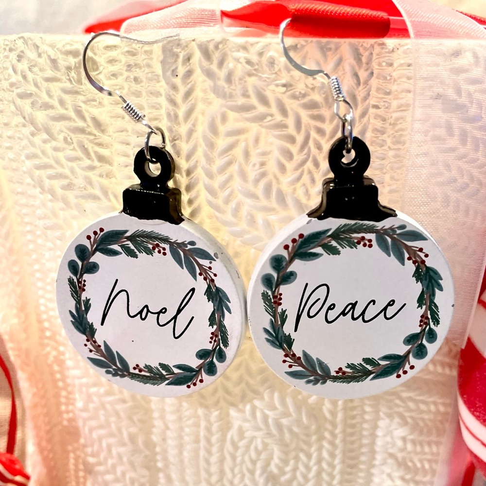 Mini wood Noel/Peace Christmas ornament earrings